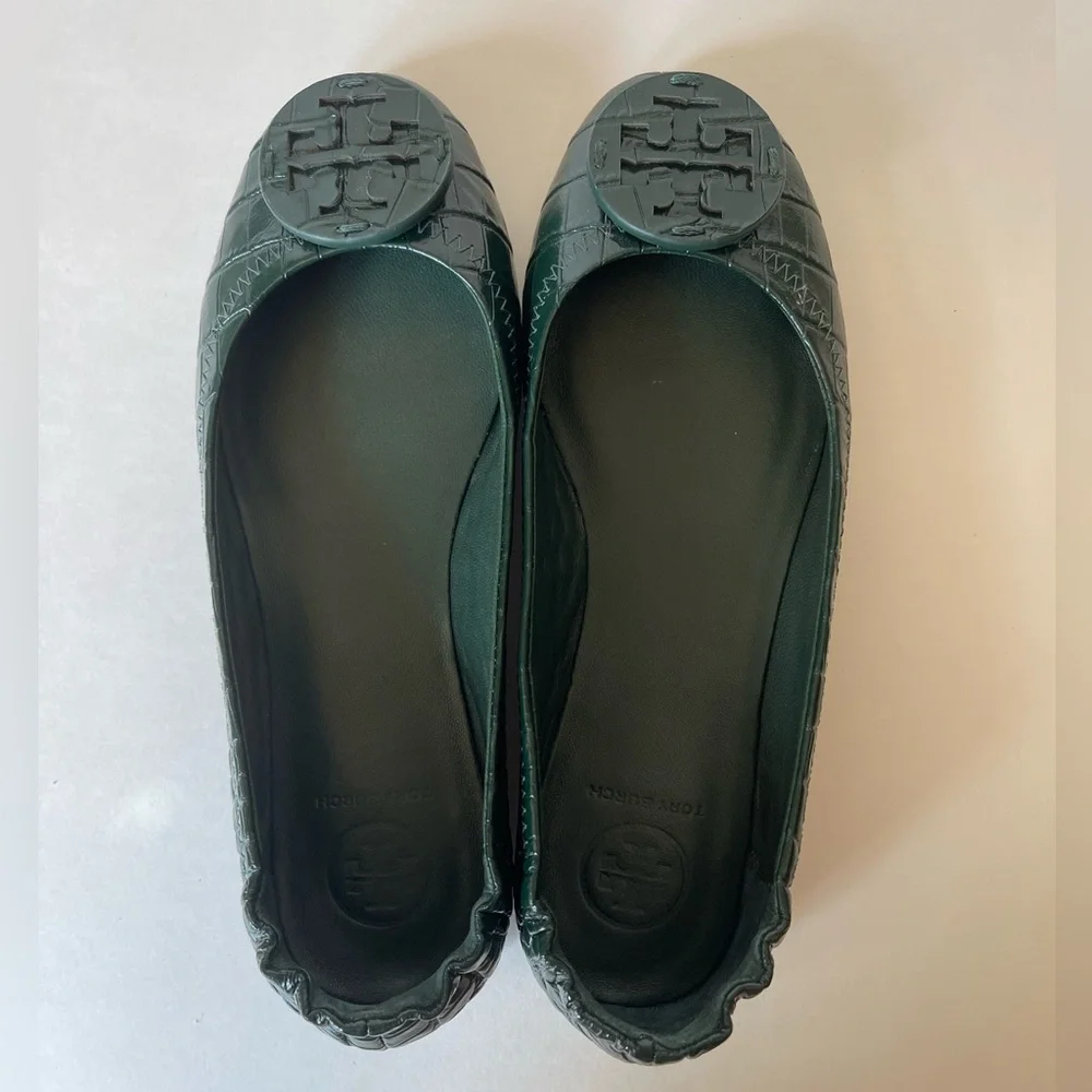 Tory Burch Green Croc-Embossed Minnie Travel Flats Size 5